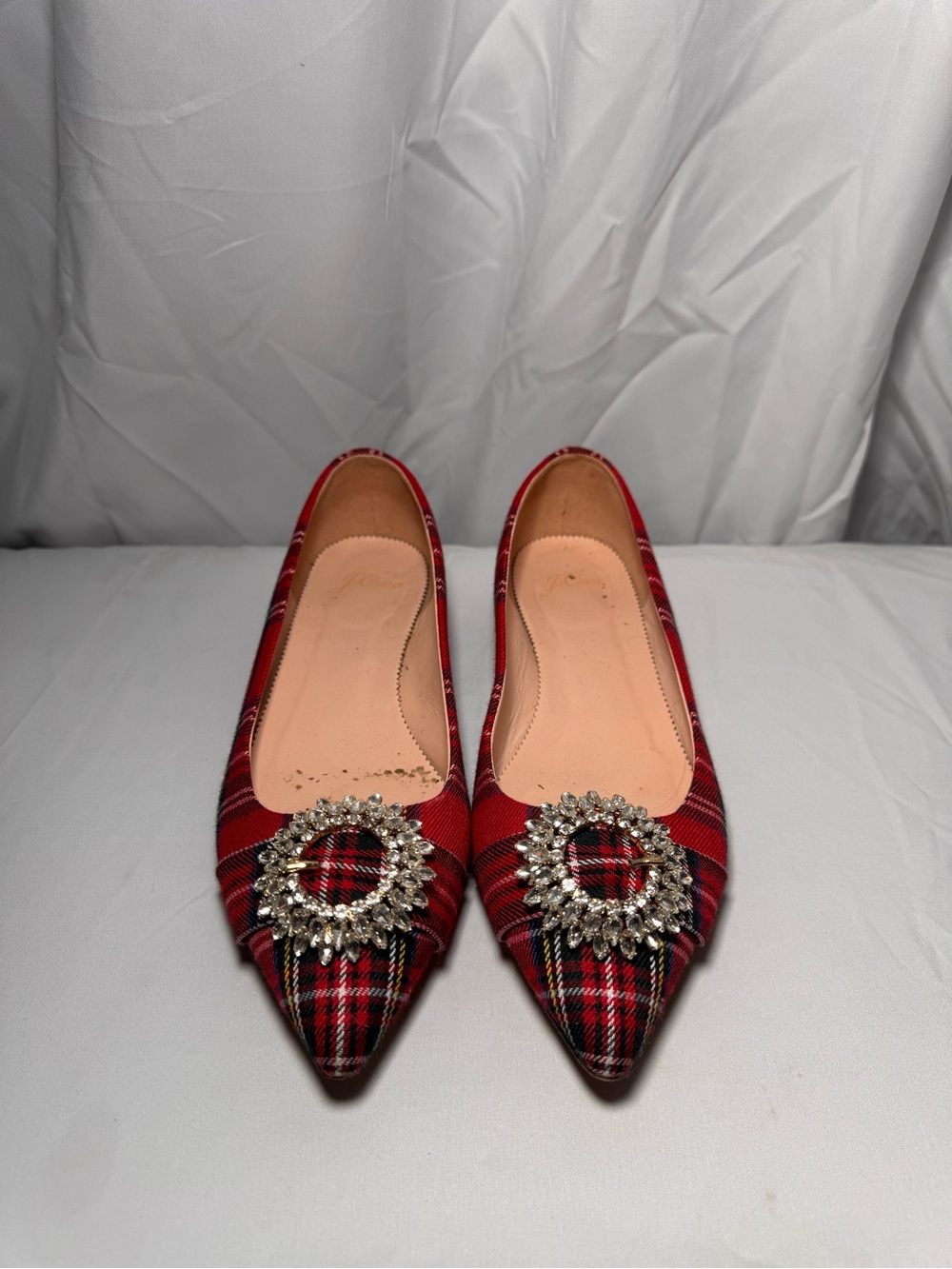 Red Plaid Pointed Toe Flats with Rhinestone Buckle